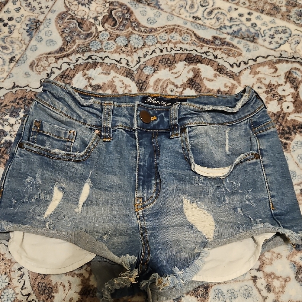 Blue Distressed Jean Shorts - Picture 1 of 7